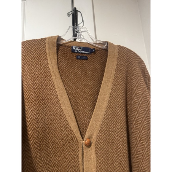 Vintage Ralph Lauren Camel Brown Herringbone Camelhair Cardigan Men's XL 80s/90s - Picture 10 of 15